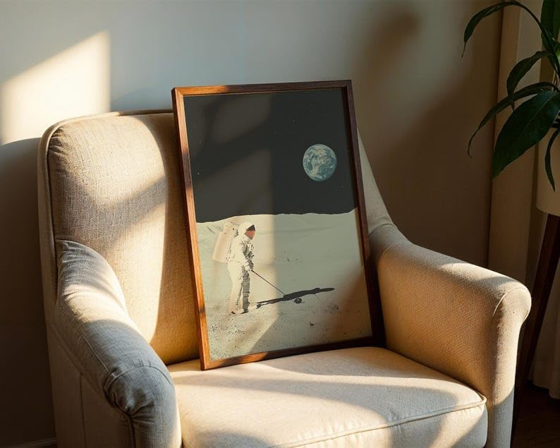 Vintage Space Golf Wall Art, Retro Astronaut Sports Print for Bar, Office or Game Room Decor, Outer Space Golfer Poster with Earth View and Tee Time Theme (Unframed) (16x24)