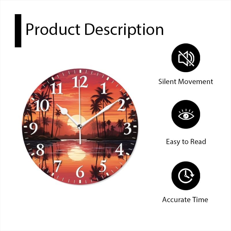 Sunset Wall Clock Non-Ticking Silent Clocks Battery Operated Analog Decor Clock for Home-Sunset with Palm Trees and Reflections On The Water(14inch)