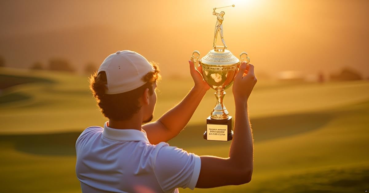 Golf Trophy Cup Monaco Gold with Male Golf Driver Figure – Custom Engraved Championship Award for Tournaments Leagues and Player Recognition Longest Drive