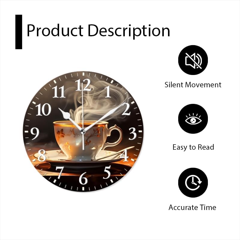 Coffee Wall Clock Non-Ticking Silent Clocks Battery Operated Analog Decor Clock for Home-Steaming Cup of Coffee On The Table(14inch)