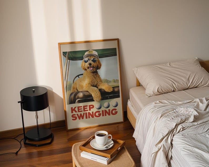 Funny Goldendoodle Golf Wall Art, Vintage Retro Dog Sports Print for Bar, Office or Home Decor, Keep Swinging Inspirational Golfer Artwork (Unframed) (9x11)