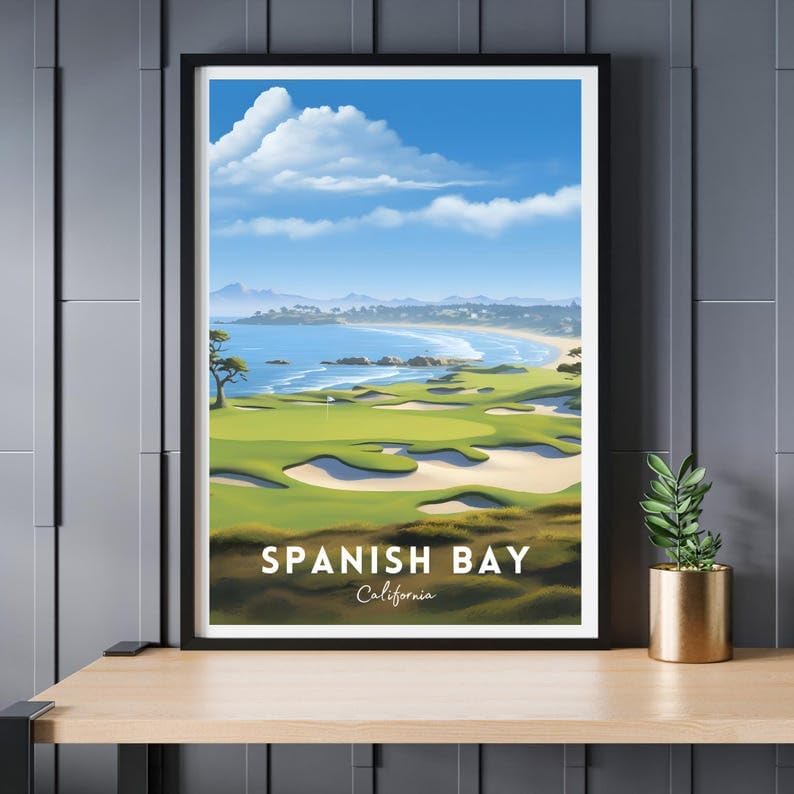 Nationcog Spanish Bay Golf Poster, Vintage California Travel Wall Art Print, Retro Coastal Links Artwork, Classic Golf Decor Gift for Enthusiasts (Unframed) (27x40)
