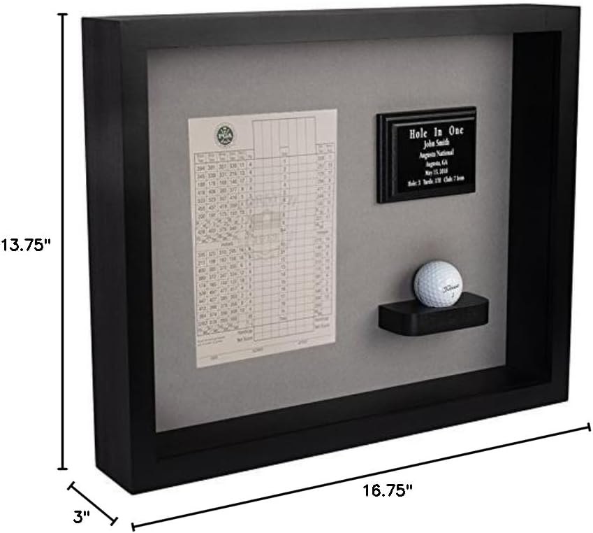 Hole in One Shadowbox and Golf Ball Display Case | Personalized Engraved Plate | Holds Golf Ball and Scorecard or Photo | Vertical Layout | Black Finish | Wall Mounted