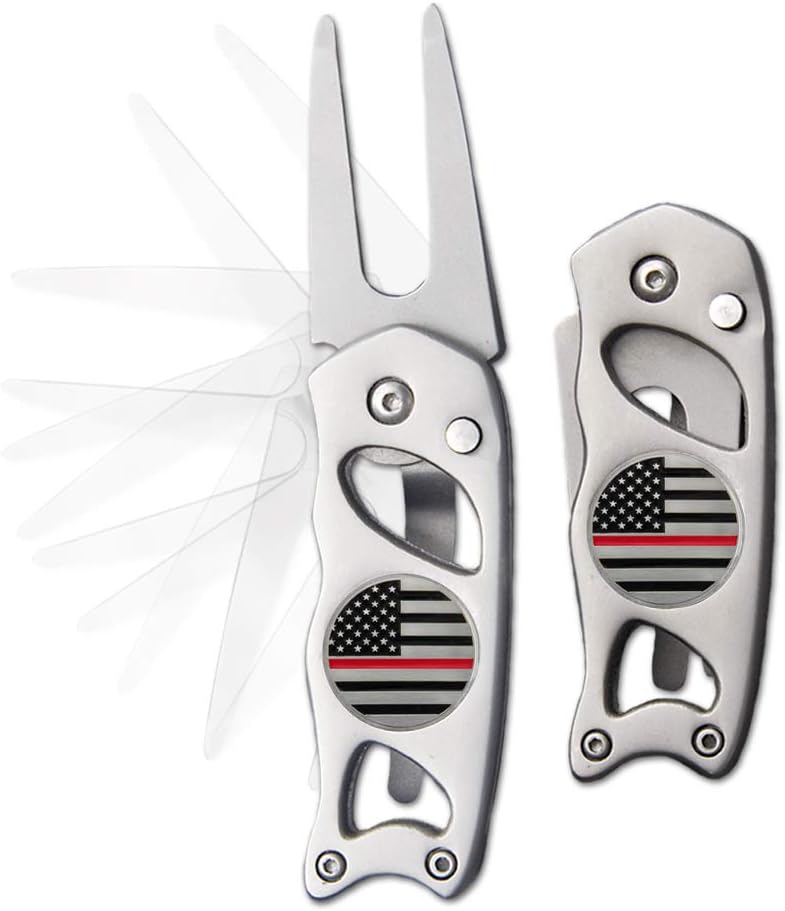 Indiana Metal Craft Thin Red Line Switchblade Golf Divot Repair Tool Stainless Steel with 2 Removable Ball Markers