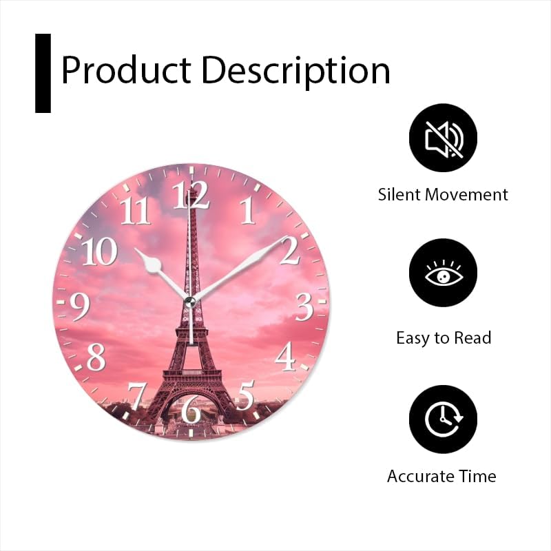 Paris Wall Clock Non-Ticking Silent Clocks Battery Operated Analog Decor Clock for Home-Eiffel Tower with Pink Sky and Pink Clouds(12inch)