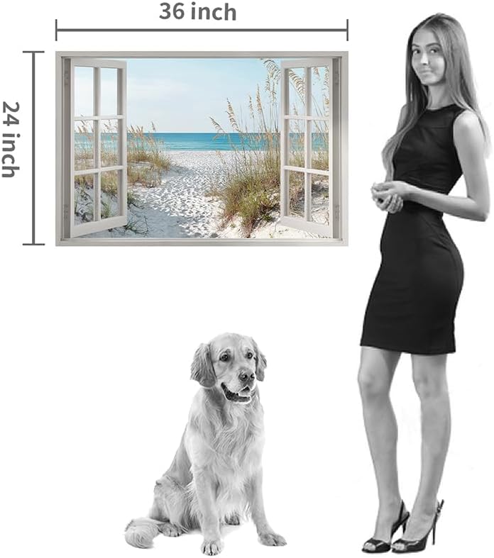 beach wall art window picture: coastal canvas artwork seascape scene prints looking out fake window wall decor for bedroom 36"x24"