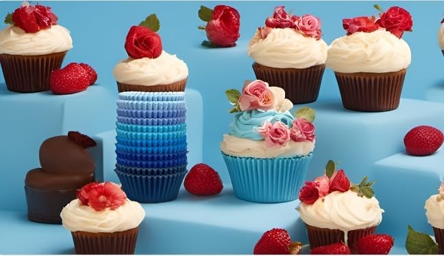 qiqee Mini 300-Count Cupcake Liners Cupcake Cups Food Grade 6 Solid Blue Colors Cupcake Papers Baking Cups Cupcake Wrappers (Mini Size)