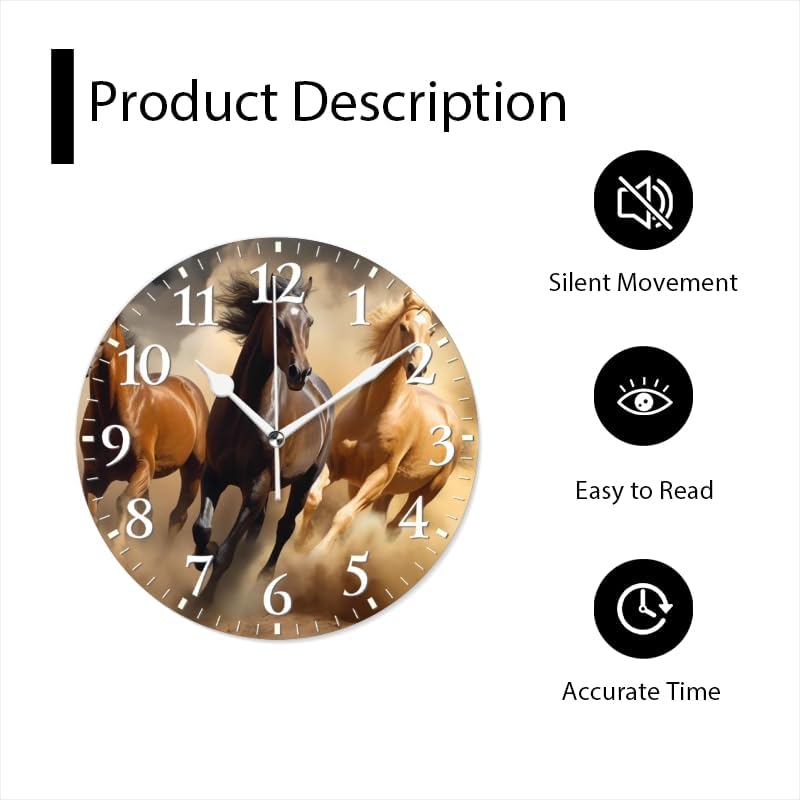 Horses Wall Clock Non-Ticking Silent Clocks Battery Operated Analog Decor Clock for Home-Three Horses Run Through The Desert(14inch)
