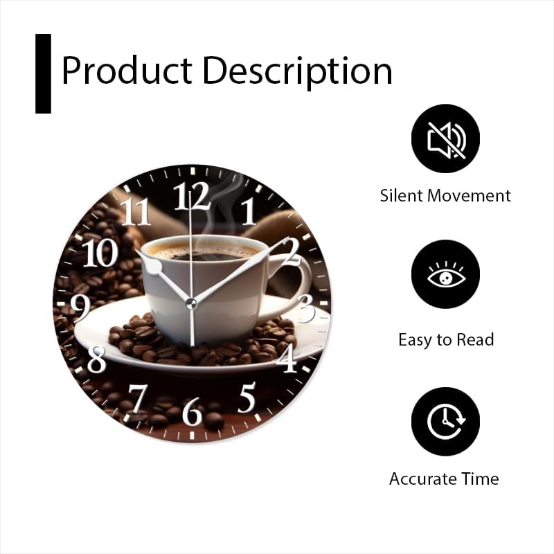 Coffee Wall Clock Non-Ticking Silent Clocks Battery Operated Analog Decor Clock for Home-Cup of Steaming Coffee Surrounded by Scattered Coffee Beans(16inch)
