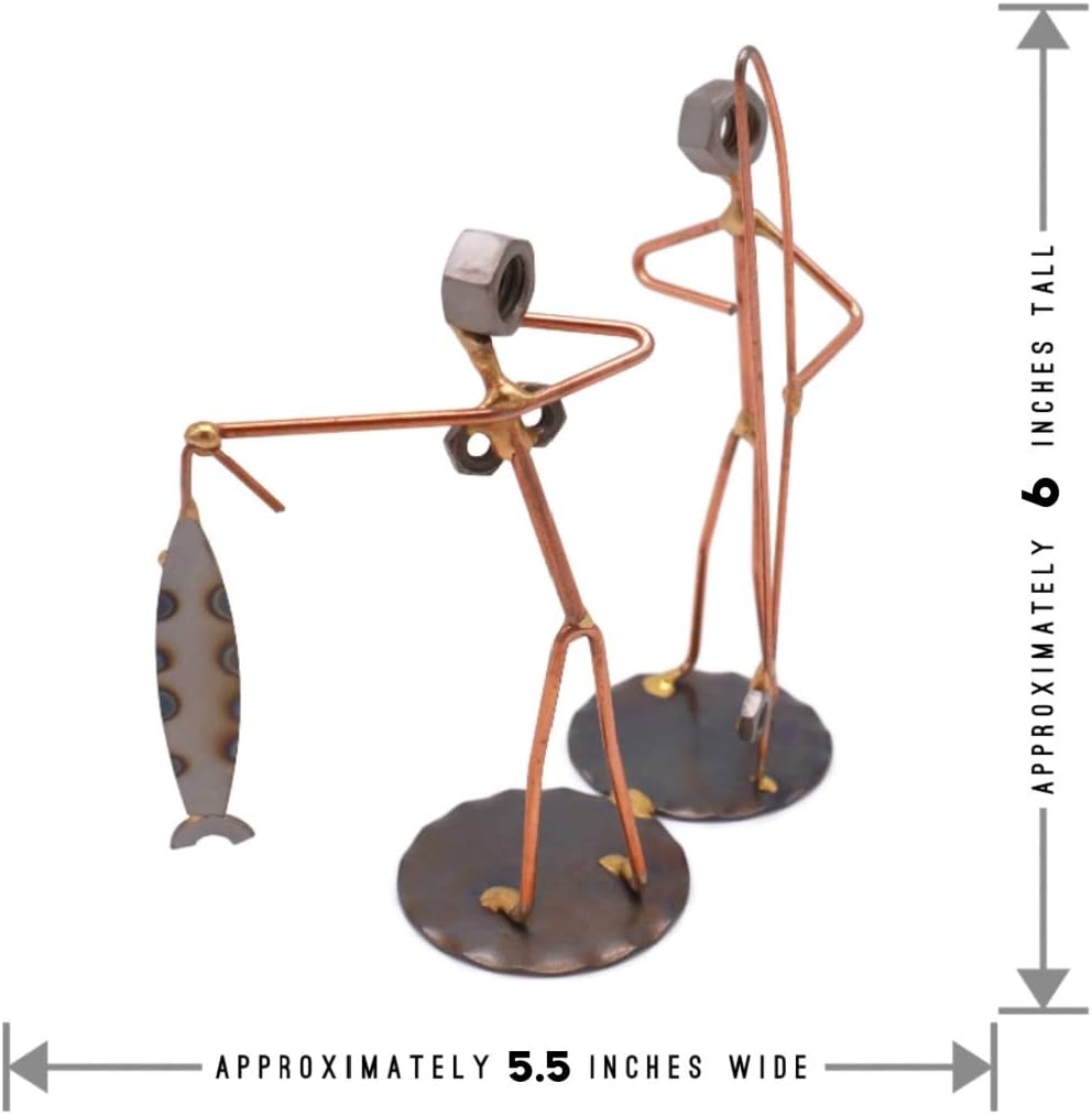 Fisherman with Wife Collectible Handmade Metal Art Figurine, Desk Accessories, Trophy, Boss Gift, Office Décor, Outdoor Sports, Fishing