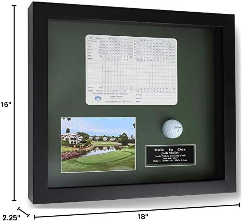 Golf Hole-in-One Shadowbox | Displays Ball, Scorecard, and Photo | 3 Frame Colors | Engraved Plate | Install Scorecard & Ball Yourself | Upload Your Photo | Made in The USA