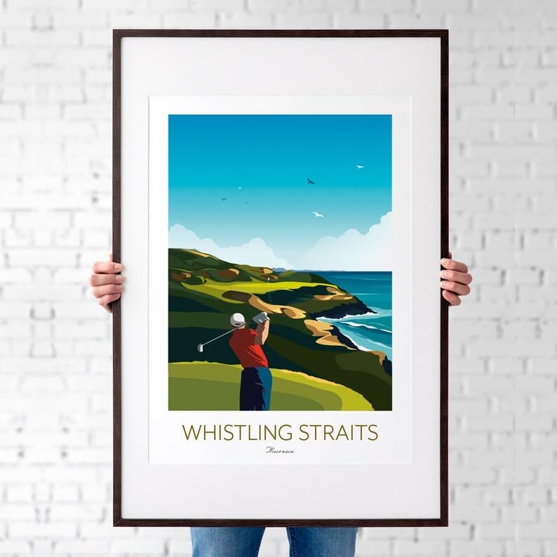Whistling Straits Golf Print, Wisconsin - Golf Poster, Whistling Straits Golf Poster, Wisconsin Golf Course Print, Golf Art Wall Decor, Coastal Golf Landscape, Golfer Gift (Unframed) (20x30)