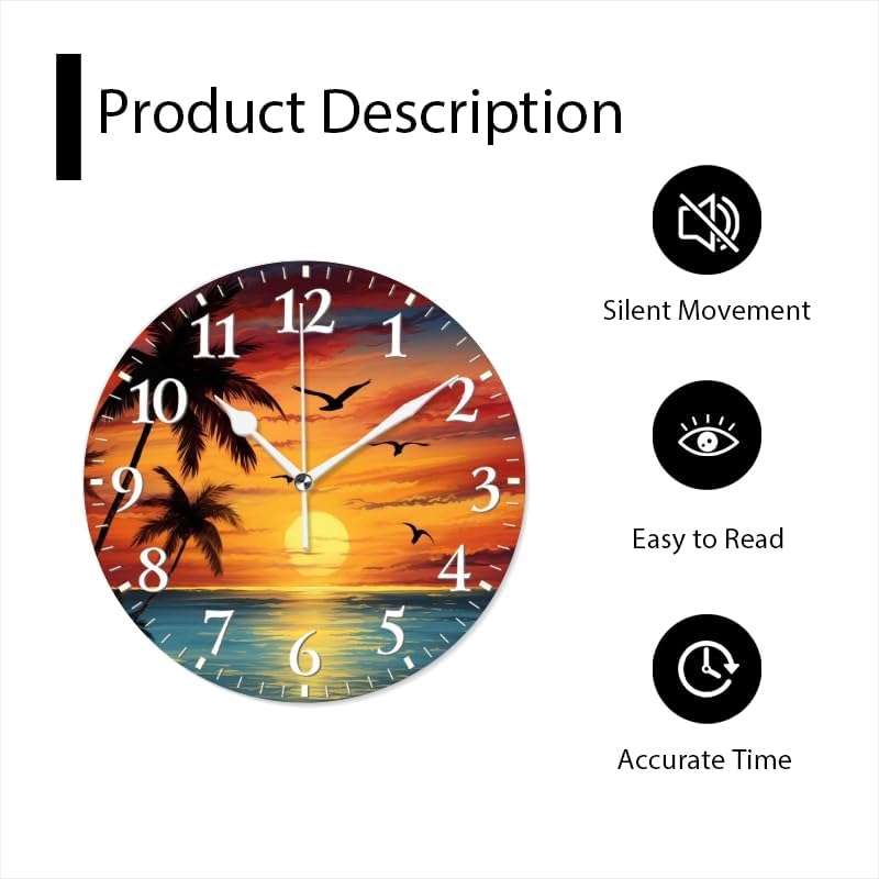 Sunset Wall Clock Non-Ticking Silent Clocks Battery Operated Analog Decor Clock for Home-Beautiful Sunset Over The Ocean with Palm Trees and Birds Flying in The Sky(12inch)