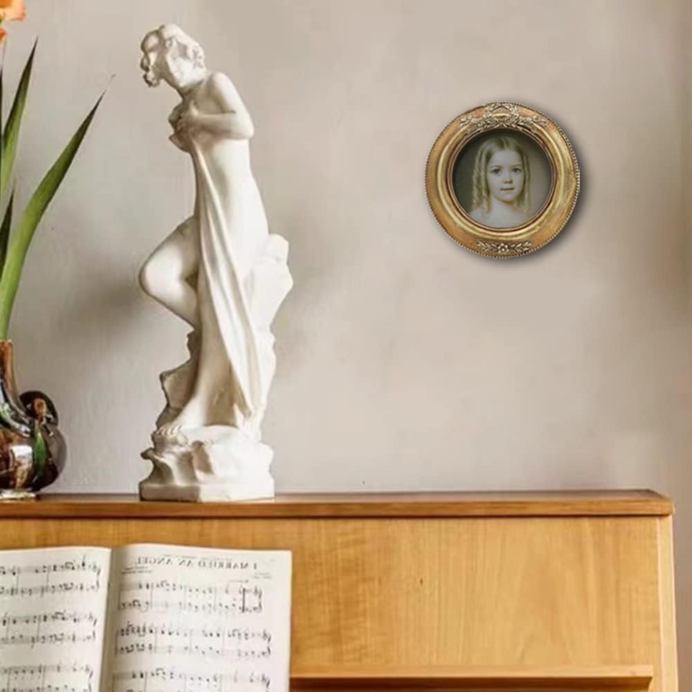 SYLVIA'S SHOP Small Vintage 3x3 Round Picture Frame, Mini Antique Ornate Circle Photo Frame, Table Top Display and Wall Hanging Home Decor, Old Fashioned Photo Gallery Art Deco, Bronze Gold