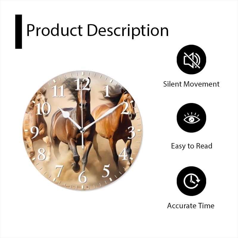 Horses Wall Clock Non-Ticking Silent Clocks Battery Operated Analog Decor Clock for Home-Horses Running Through The Desert Dust Flying(10inch)