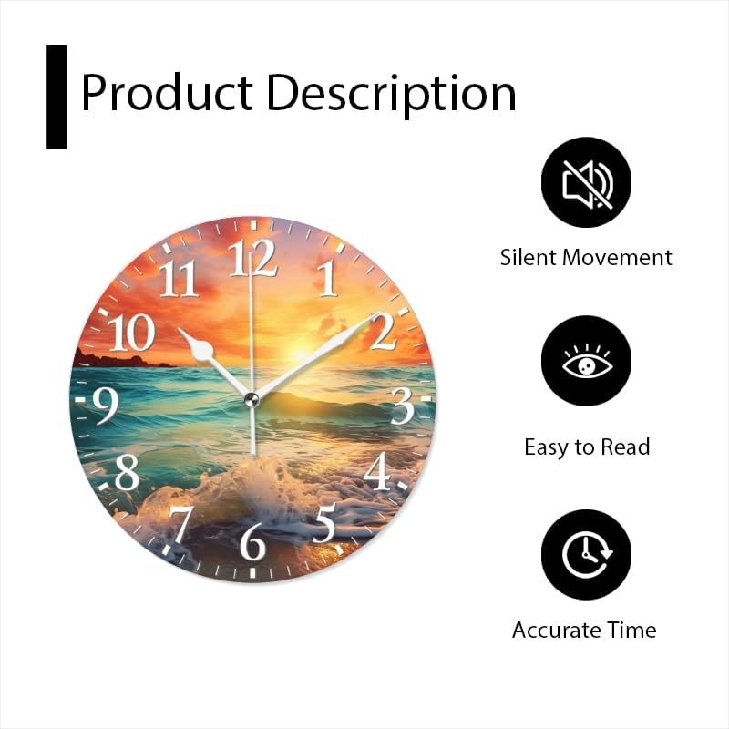 Beach Wall Clock Non-Ticking Silent Clocks Battery Operated Analog Decor Clock for Home-Beautiful Sunset Over The Ocean with Waves Crashing On The Shore(10inch)