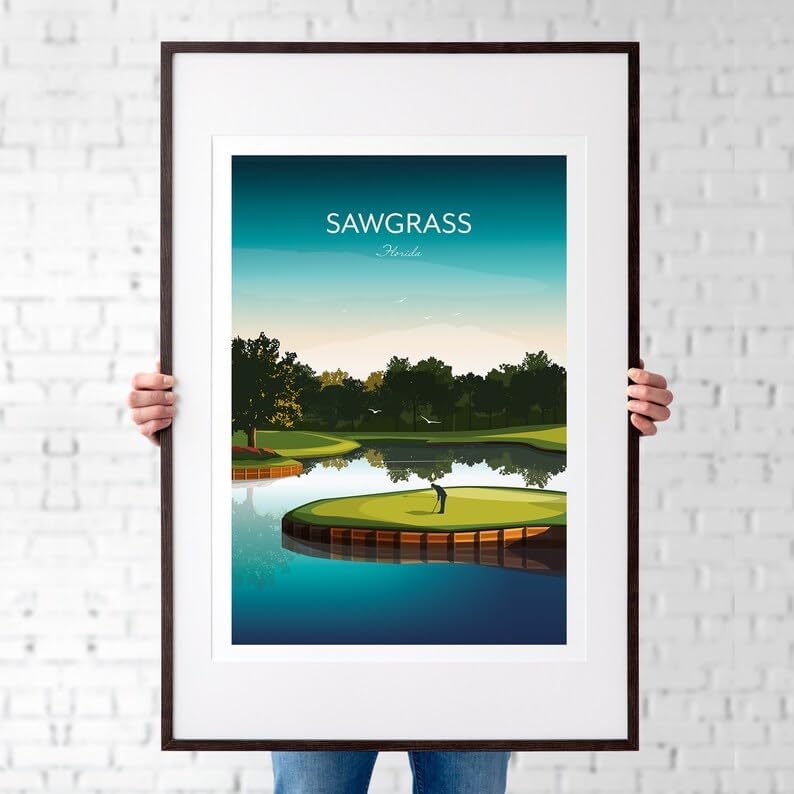 Golf Print - TPC Sawgrass Florida - Island Green 17th Hole, Florida Golf Course Art, Golf Wall Decor, Island Green Illustration, Golf Gift for Him, Scenic Golf Landscape (Unframed) (9x11)