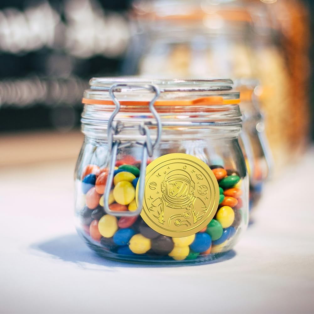 Peacoblue Gold Foil Stickers Seals Embossed 2 Inch 100Pcs Astronaut, Self Adhesive Gold Around Embossing Sticker for Certificate Paper Envelope Seal Gift Card Present Decoration