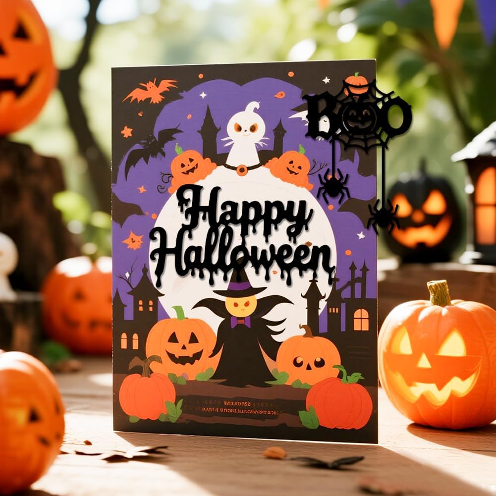MAYJOYDIY Halloween Word Art Cutting Dies Happy Halloween Letters Metal Die Cuts Spooky Words Metal Stencil Template for Card Making Scrapbooking Paper Craft Album Stamps DIY Decorative
