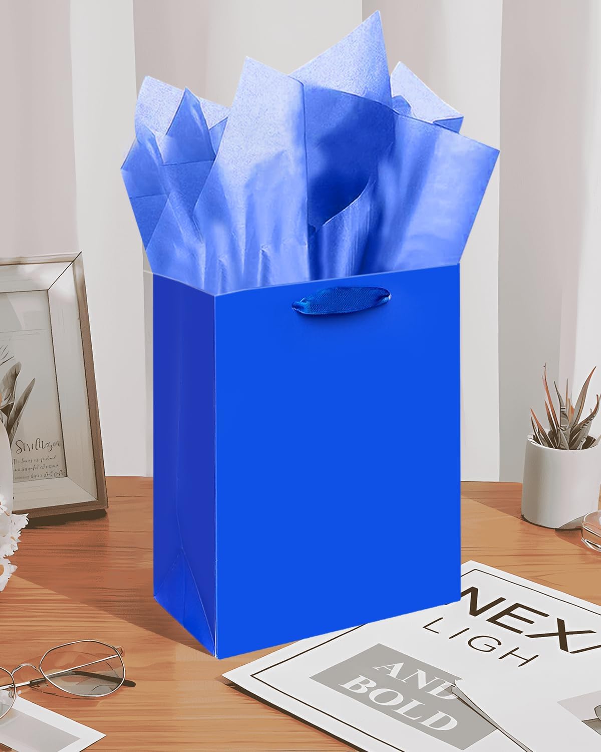 Gcardist Dark Blue Gift Bags with Tissue Paper for Wedding, Birthday, Party Supplies-7.9"x4.3"x9.6" Medium Size Cardboard Gift Bags(5pcs Bags +10pcs Tissue Paper )