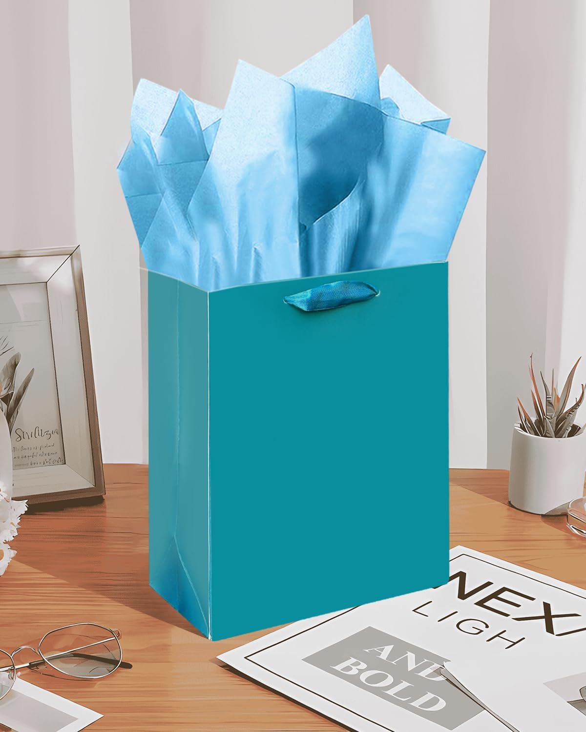Gcardist Denim Blue Gift Bags with Tissue Paper for Wedding, Birthday, Party Supplies-7.9"x4.3"x9.6" Medium Size Cardboard Gift Bags(5pcs Bags +10pcs Tissue Paper )