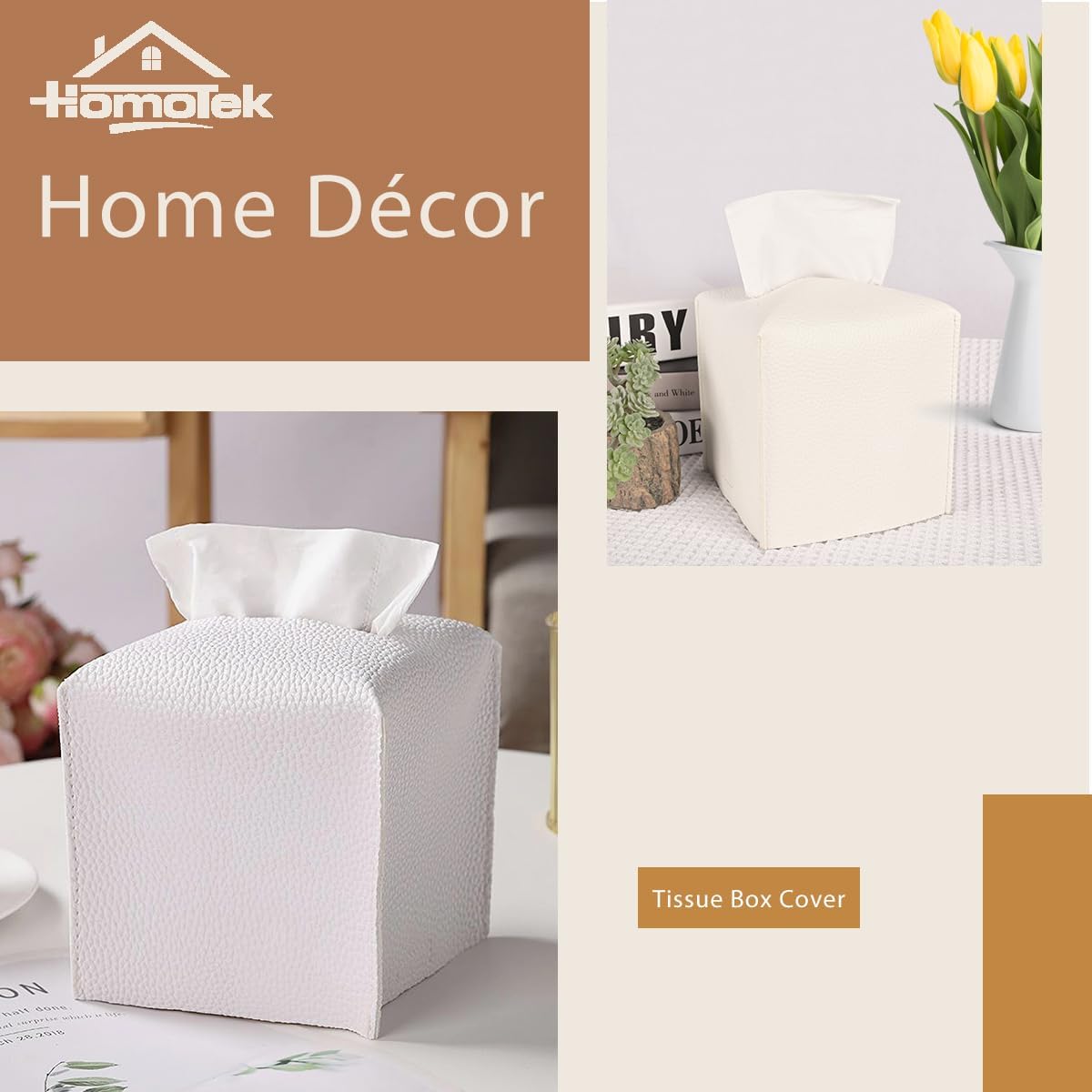 HOMOTEK 2 Pack Tissue Box Cover, Square PU Leather Tissue Holder, Decorative Facial Tissue Cube Paper Organizer Dispenser for Bathroom, Night Stands, Desk, Car 5X5X5'' - White, Pebble Grain