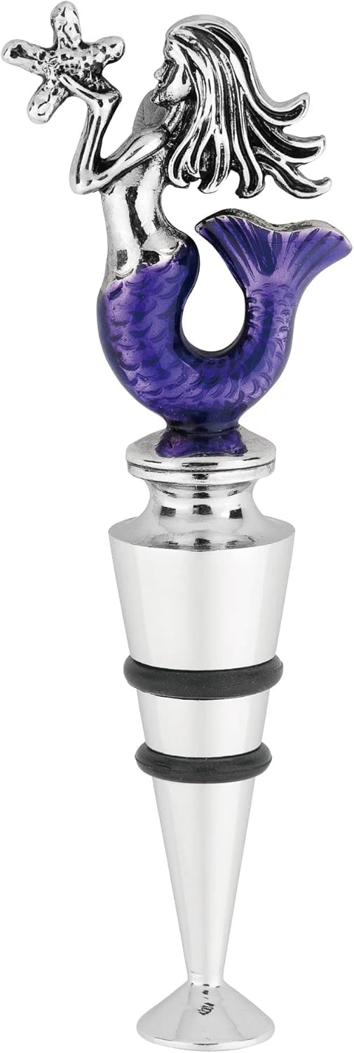 Supreme Housewares Mermaid-Shaped Zinc Alloy Wine Bottle Stopper - Reusable Beverage Preserver for Wine, Champagne, and Sparkling Drinks - Silver and Purple, 4.5 Inch Tall