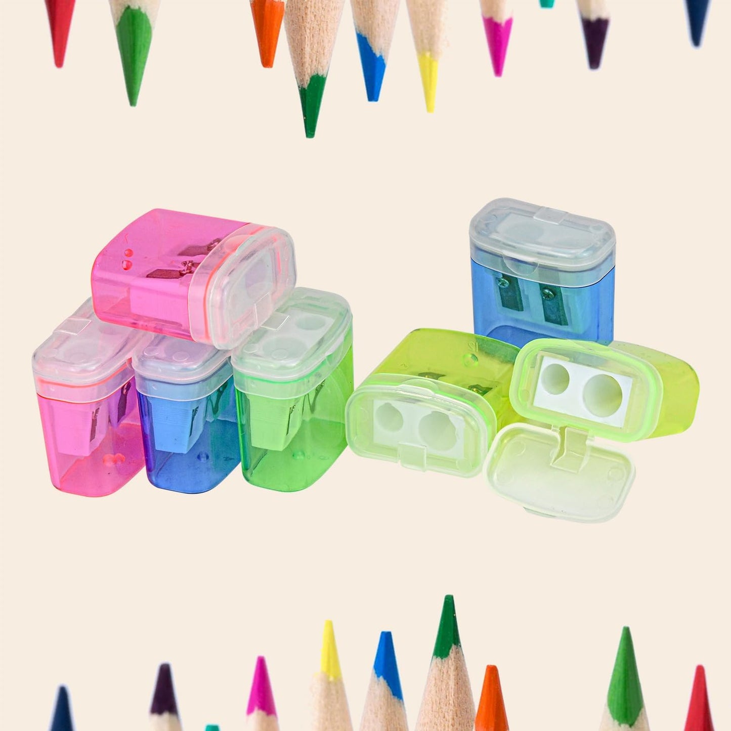 AUSTARK 24Pcs Pencil Sharpener Manual, Assorted Color Small Dual Hole Pencil Sharpeners Bulk with Lid with Lid for School Office Home (Rectangle-24)