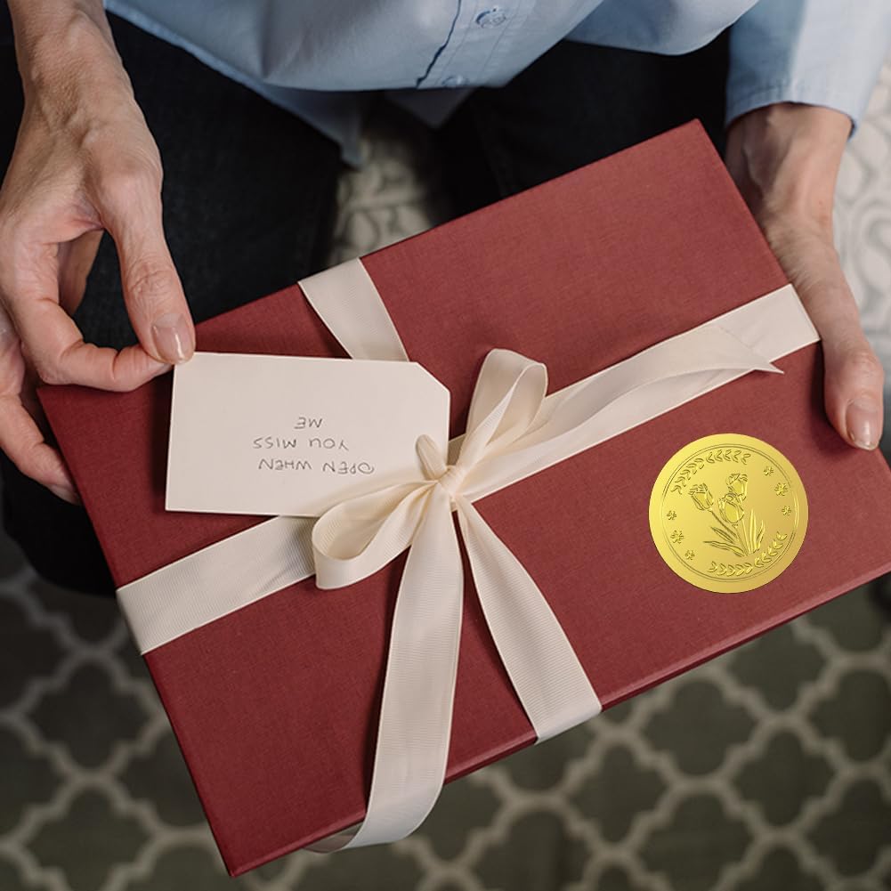 Peacoblue Gold Foil Stickers Seals Embossed 2 Inch 100Pcs Tulips, Self Adhesive Gold Around Embossing Sticker for Certificate Paper Envelope Seal Gift Card Present Decoration