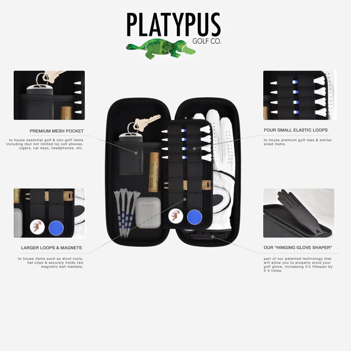 Platypus Golf Co. Golfing Caddie Hard Travel Case Organizer - Hinging Glove Shaper & Holder - Mesh Pocket & Storage Slots for Phone, Tees, Divot Tools & Ball Markers - Golfers Cases for Men & Women
