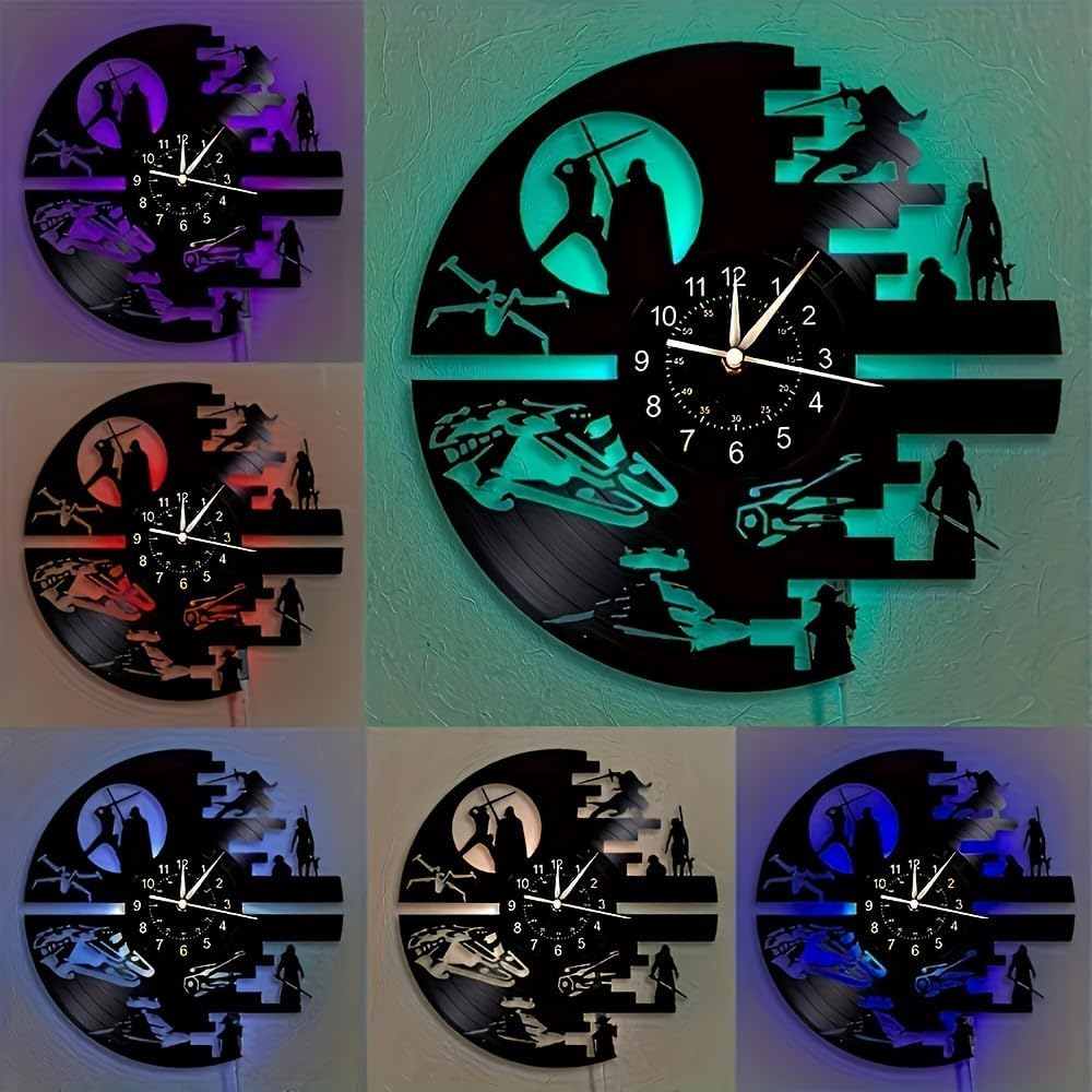Decorative Vinyl Wall Clock with 12 Inches,Star Science Fiction Film Themed Clocks, Vinyl Records Wall Clock, LED Light Wall Decor, Unique Birthday Gifts for Men,Kids