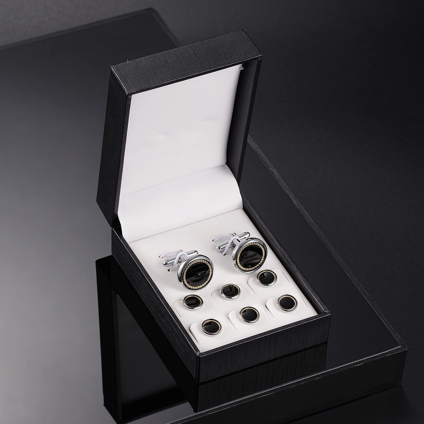 wynameleri Mens Cufflinks and Studs Set Blanks Round 4 Colors Shirt Tuxedo Buttons Packed in Cufflink Box for Business Wedding Jewelry