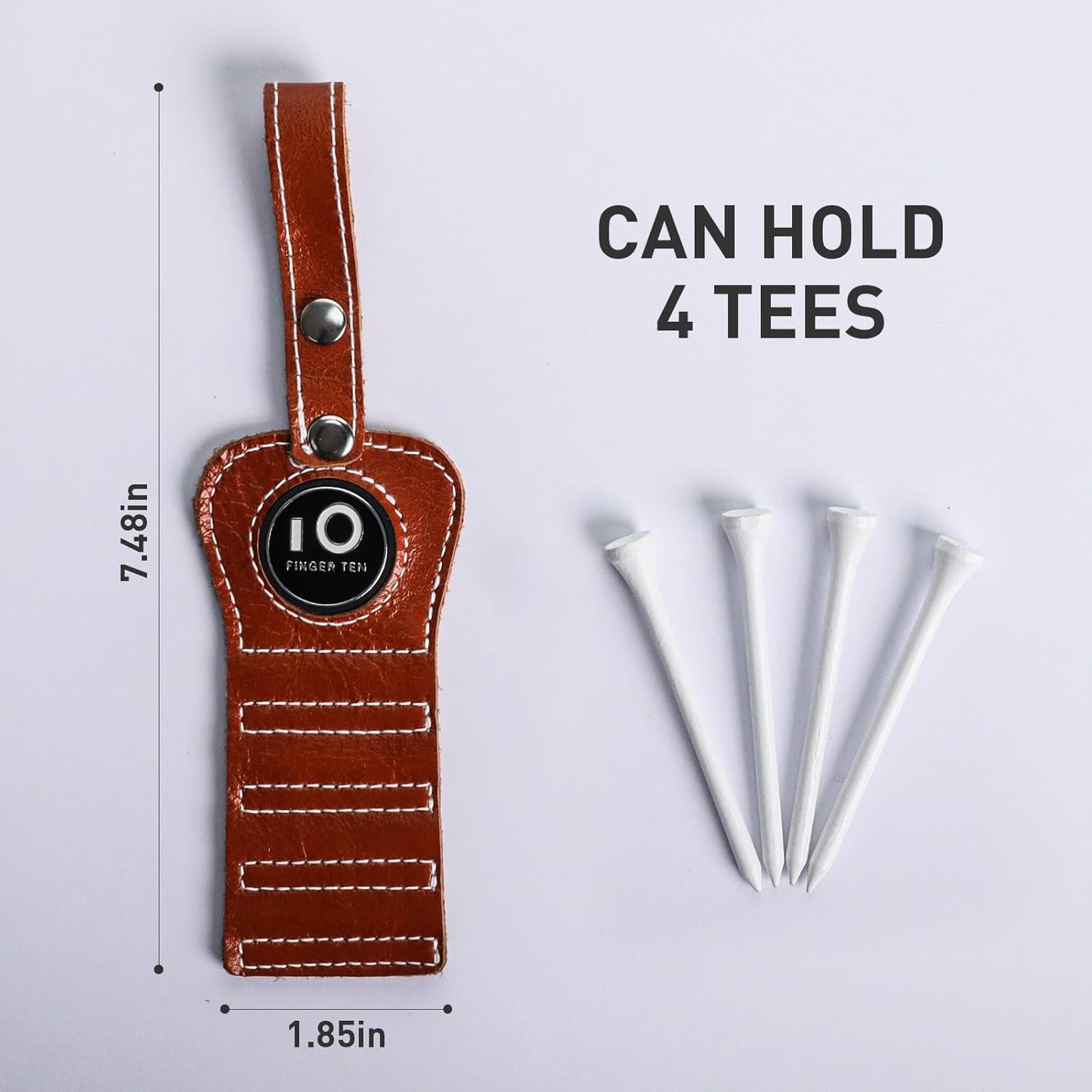 FINGER TEN Golf Tee Holder with Ball Marker and 4 Pcs Wood Tees Value 1/2 Pack, Luxury Leather Gift Hook to Golf Bag Belt Clip