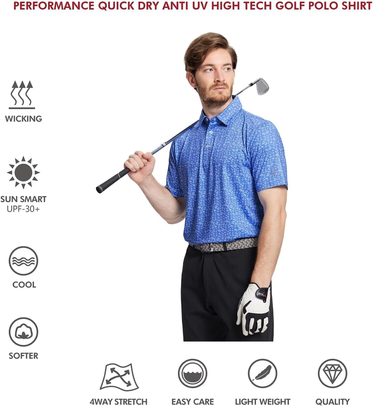 Golf Shirts for Men Dry Fit Short Sleeve Print Performance Moisture Wicking Polo Shirt
