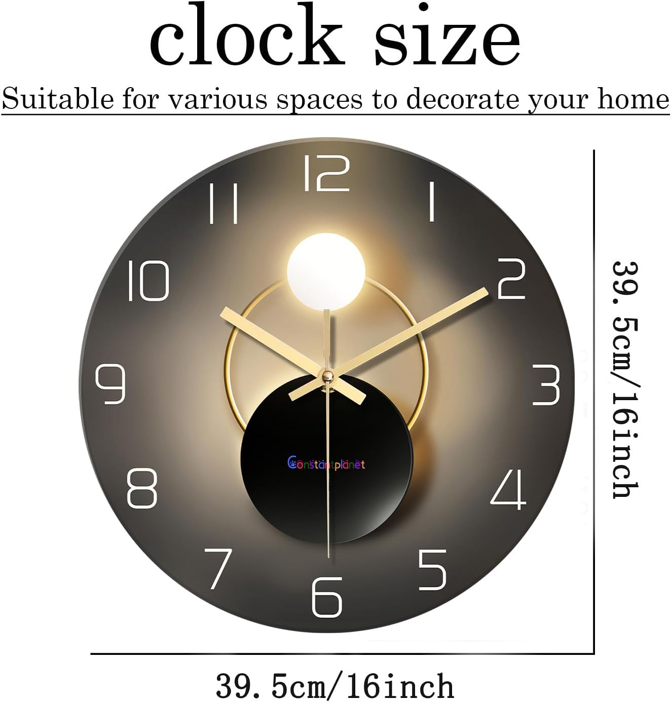 Large Wall Clocks Battery Operated 16 Inch Round Glass Analog Wall Clock Silent Black and Glod Quartz Wall Clock for Bedroom