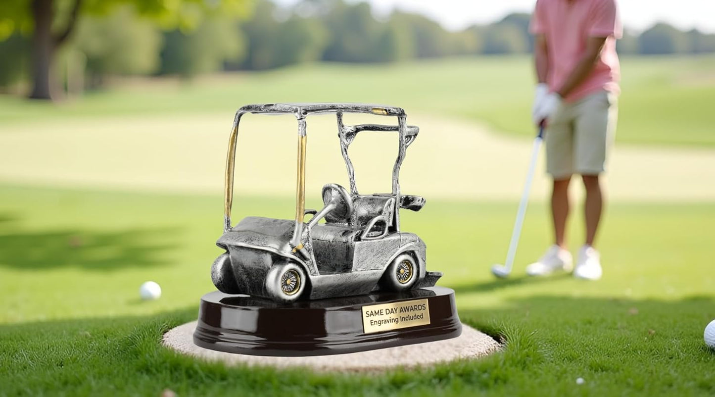Premium Golf Cart Trophy Award – Custom Engraved Resin Golf Award on Rosewood Base – Fun Golf Recognition Gift for Tournaments Leagues Clubs and Charity Events