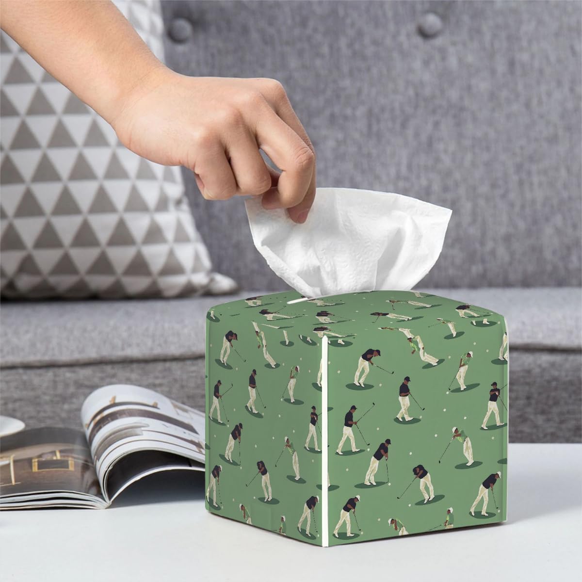 Square Leather Tissue Box Cover, Waterproof Napkin Dispenser with Golf Theme Golf Player Print, Tissue Holder for Bathroom, Living Room, Bedroom, Office, and Car Decor