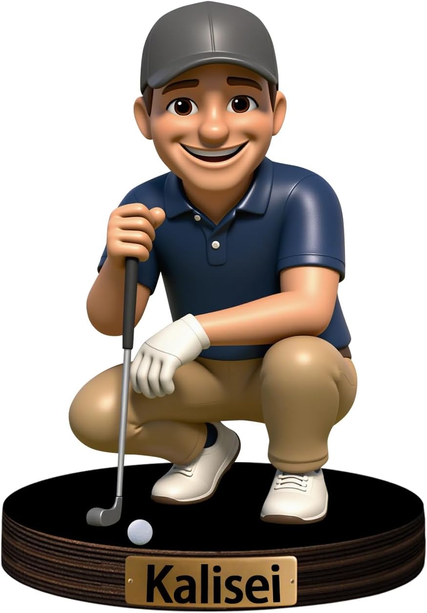 Personalized Golfer Cartoon Photo Sculpture Ornament Custom Name 2D Acrylic Golfer Photo Figurine Desk Decor Gifts for Dad Husband Grandpa Friend Golf Ball Lover Birthday Xmas (Style 5)