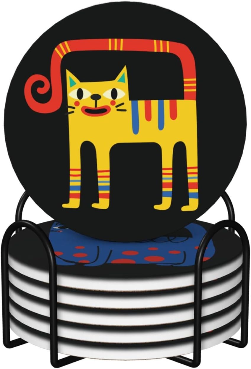 Cute Colorful Cat Absorbent Drink Coasters with Holder, Set of 6 Ceramic Coasters with Cork Base for Table Decor