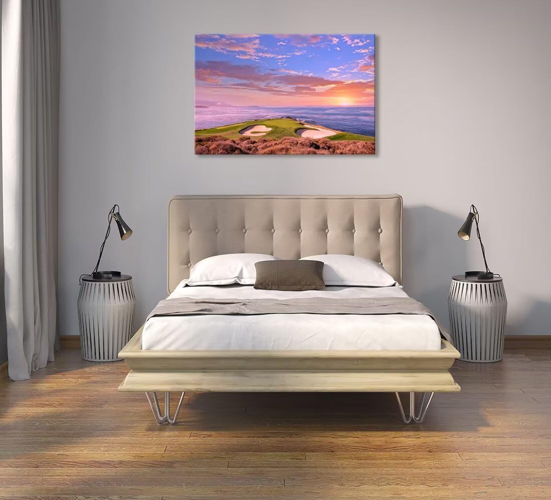 Pebble Beach Golf Course Hole 7 Wall Art Prints - Monterey California USA Golf Course Canvas Wall Art for Living Room Bedroom Bathroom Home Decorations Gifts Framed Ready to Hang(18''H x 24''W)