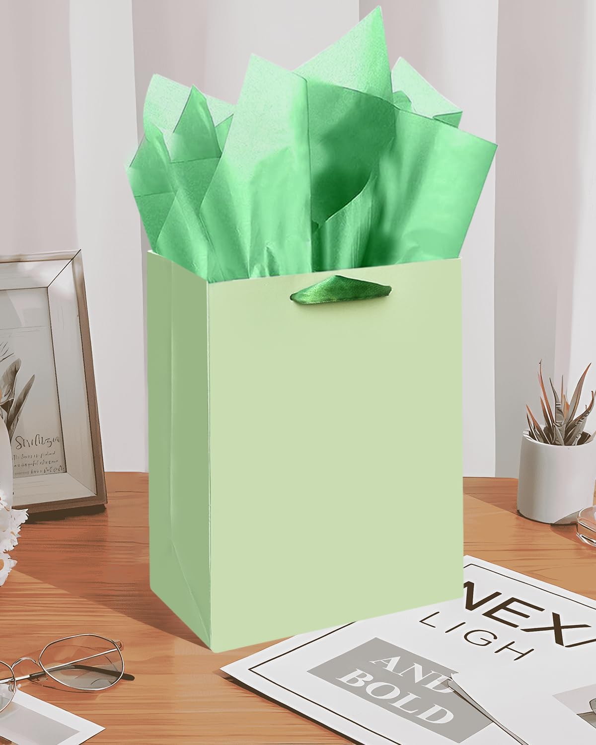 Gcardist Light Green Gift Bags with Tissue Paper for Wedding, Birthday, Party Supplies-7.9"x4.3"x9.6" Medium Size Cardboard Gift Bags(5pcs Bags +10pcs Tissue Paper )