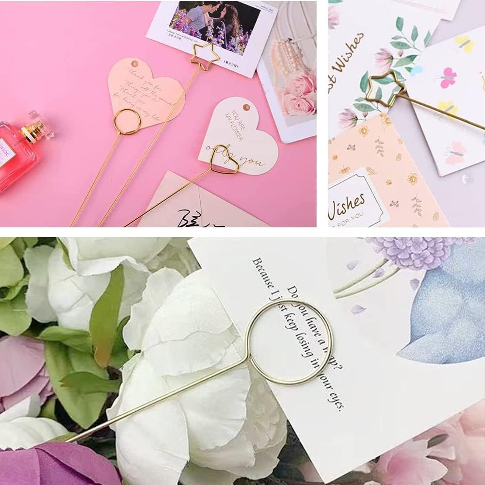 H&W 12''L Golden Ring Loop Star Shape Card Holders 40PCS Floral Picks Clips for Wedding & Flower Arrangements, DIY Craft Wire Clip Table Card Holders Note Photo Picture Memo Cake Topper (Star)