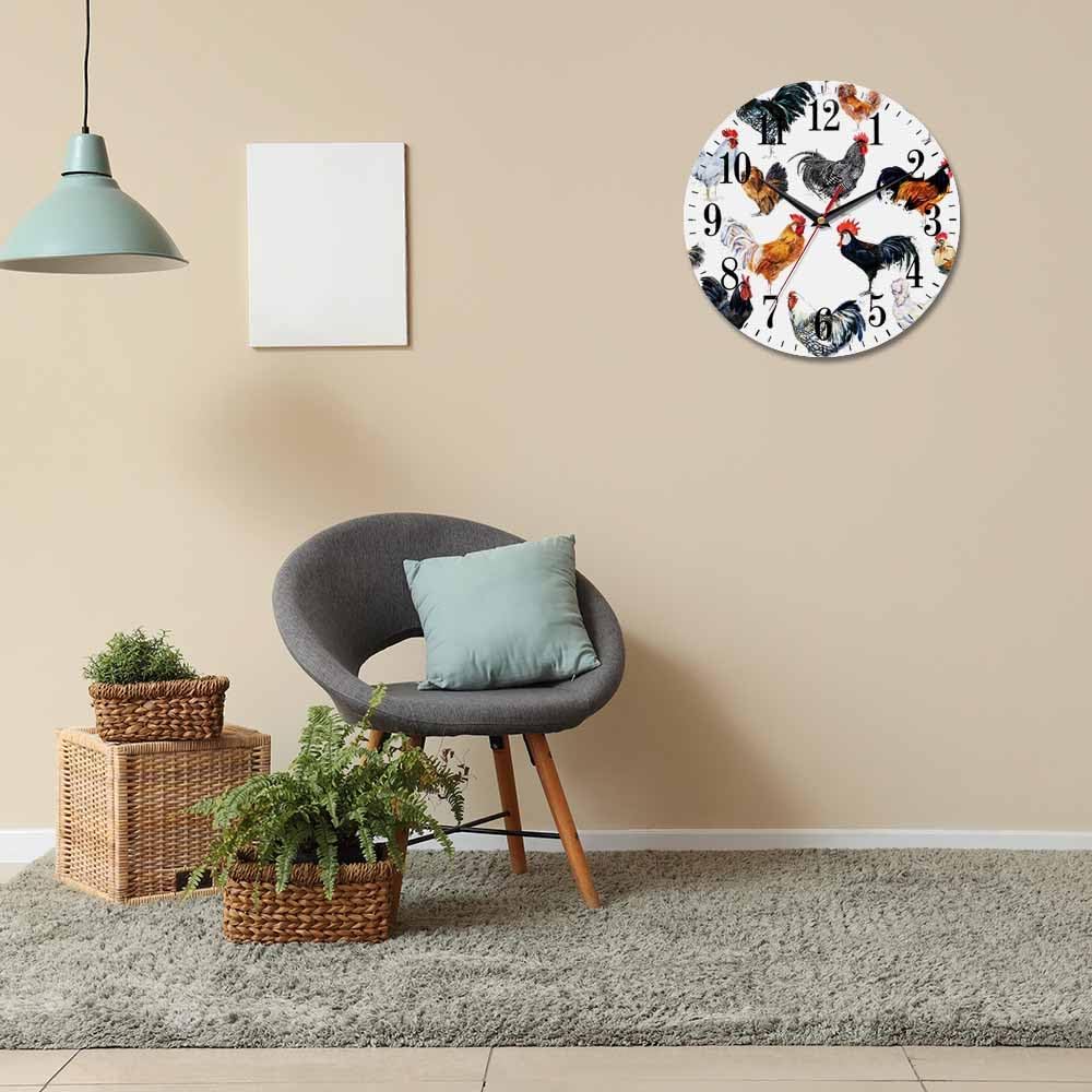 Mxocom Roosters Wall Clock Farm Watercolor Hen Chicken Pattern 10 Inch Silent Non Ticking Battery Operated Clock Vintage Round Clock for Living Room Bedroom Bathroom Office Decor