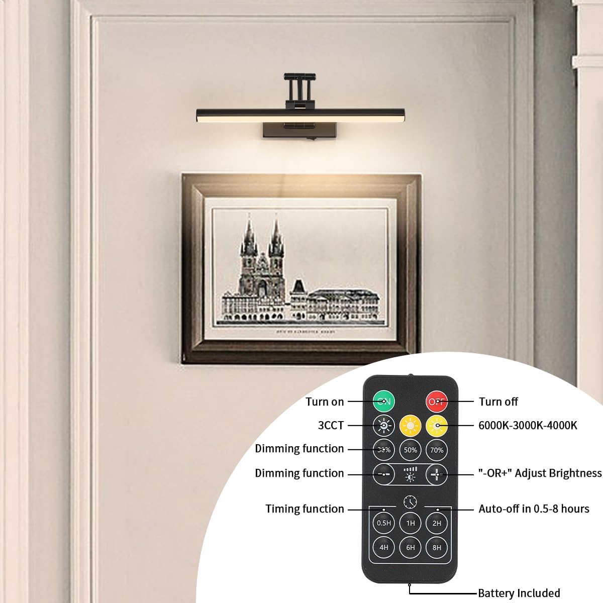 Joossnwell Battery Operated Picture Light Wireless Picture Lights for Paintings with Remote 15.5 Inch Dimmable and Timer Rechargeable Art Light Black Display Gallery Light with Adjustable Swing Arm