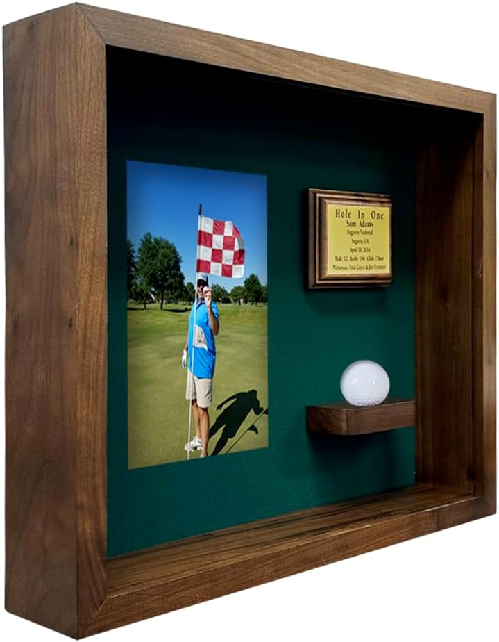 Hole in One Shadowbox and Golf Ball Display Case | Personalized Engraved Plate | Holds Golf Ball and Scorecard or Photo |4 Color Finishes | Wall Mounted (Vertical, Walnut)