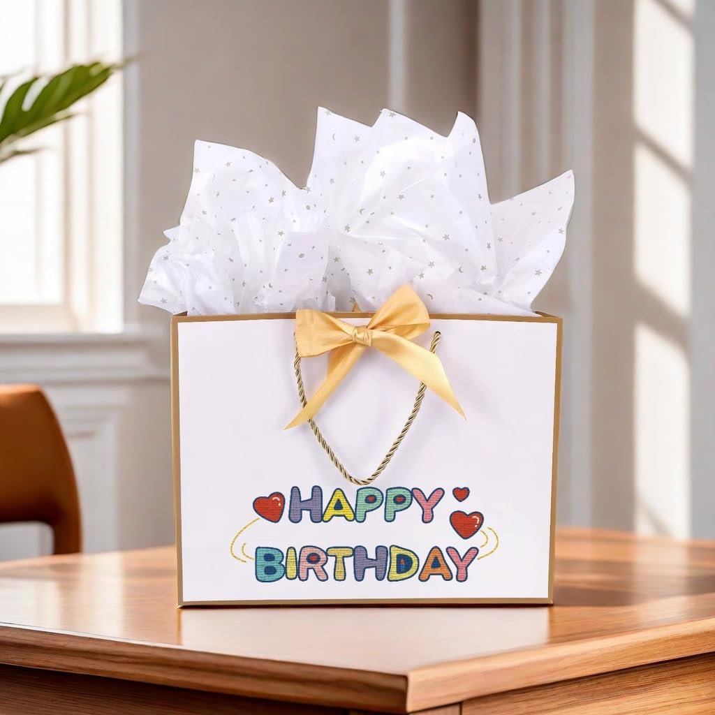 TKSBAG 12PCS Gift Bags Medium Size with Handles, 12.5 x 9.8 x 4.3 In White Gold Thank You Bags with Bow Ribbon for Wedding, Birthday, bridesmaid, Groomsmen, Party Favors, Thanksgiving, Christmas