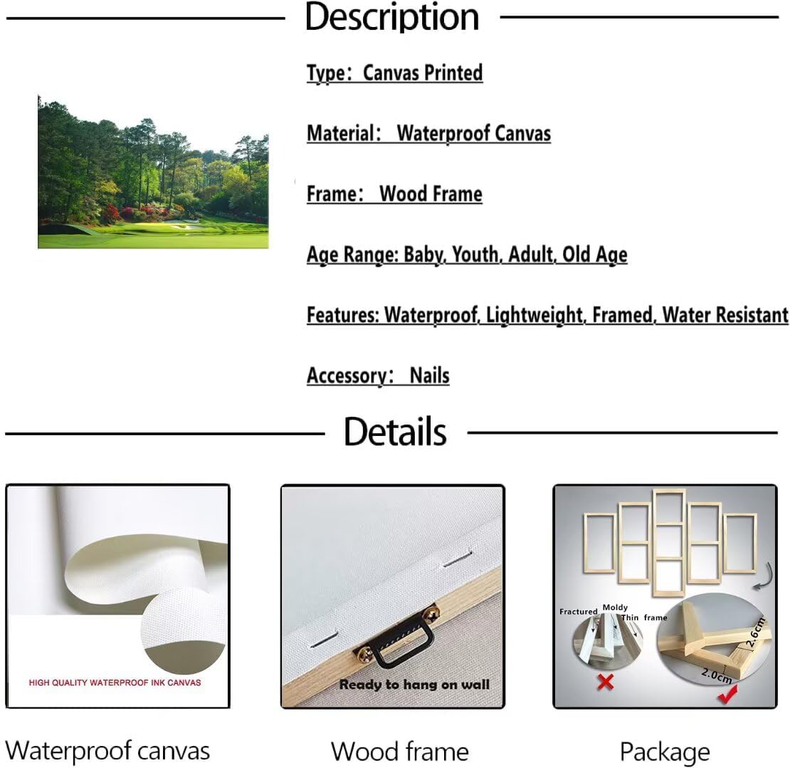 Augusta Golf Course Wall Art Golf Course Picture Poster Canvas Prints - Golf Wall Decor for Living Room Bedroom Home Decorations Framed Artwork Ready to Hang(28''H x 44''W)