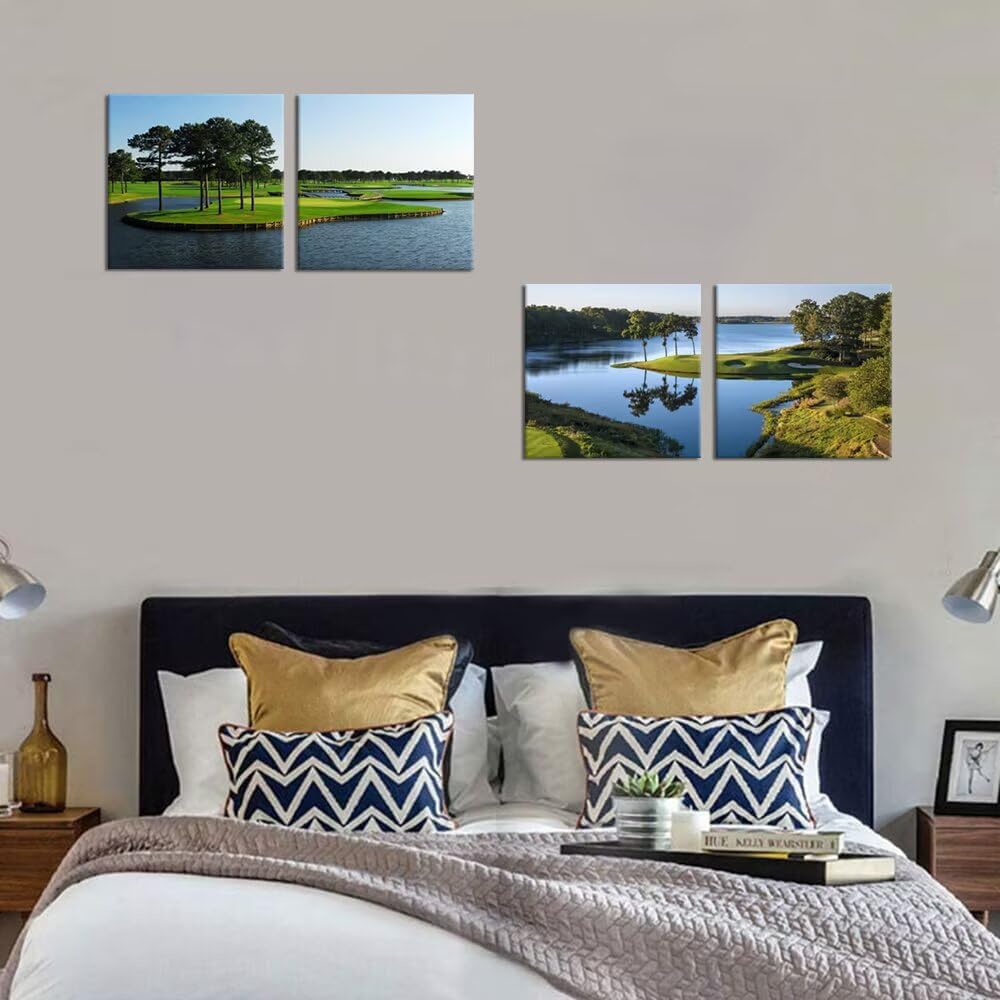 Pankila Usa Golf Course Wall Art California Golf Canvas Wall Decor Blue Green Abstract Wall Pictures Painting Modern Minimalism Frame Artwork for Living Room Bedroom Office (20''W x 20''H x 4)