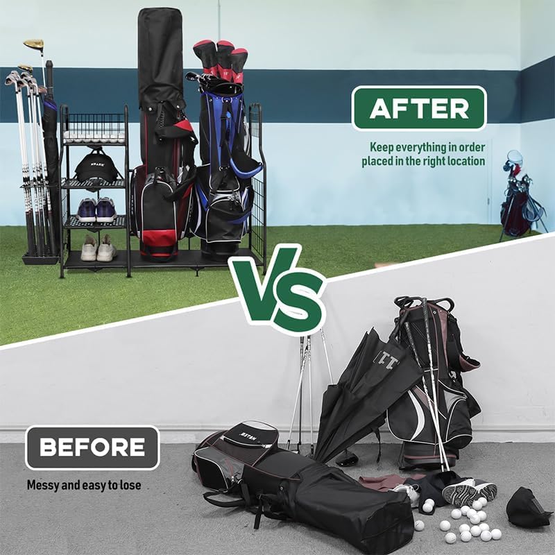 Folding Golf Bag Stand,Golf Storage Organizer for Garage with no Assembly, Golfing Equipment Rack, Extra Storage Rack for Golf Clubs