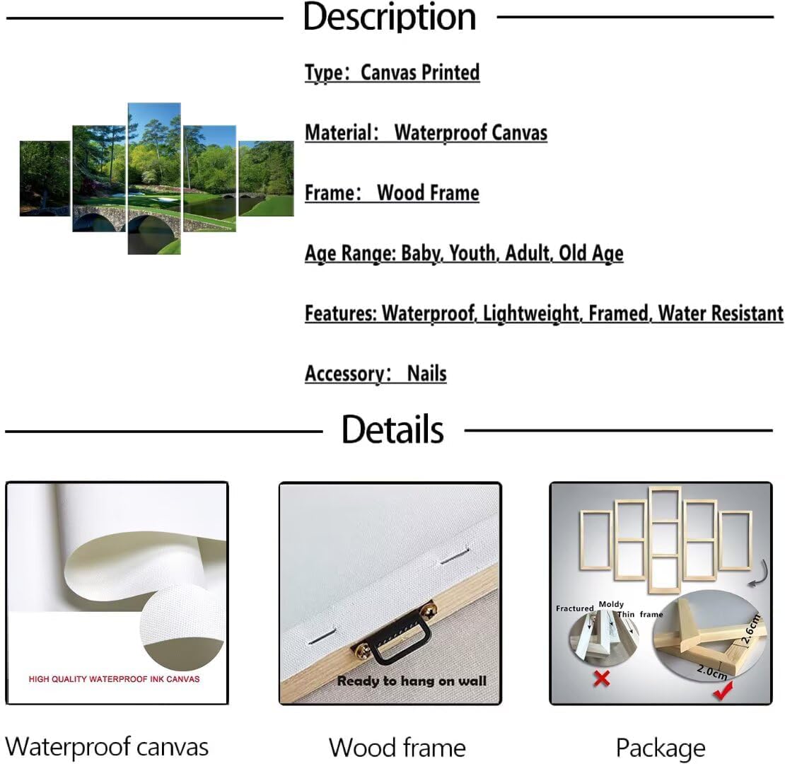 chenchenArt Augusta National Golf Course 12th Hole Wall Art Living Room Bedroom Bathroom Home Decorations Golf Course Pictures Posters Canvas Prints Modern Artwork Framed Ready to Hang(60''W x 40''H)